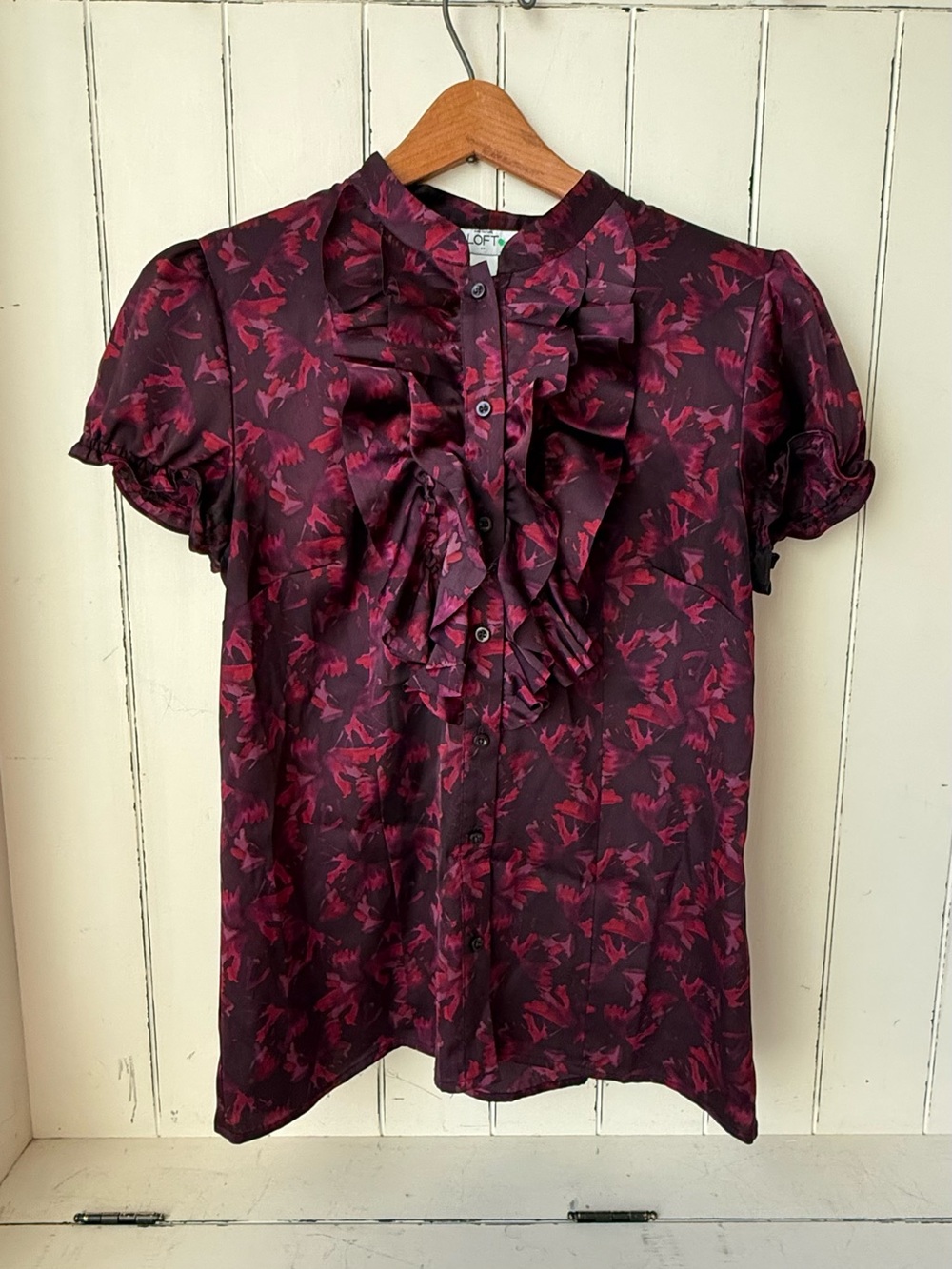 Loft Ruffle Dark Patterned Button Down Blouse
